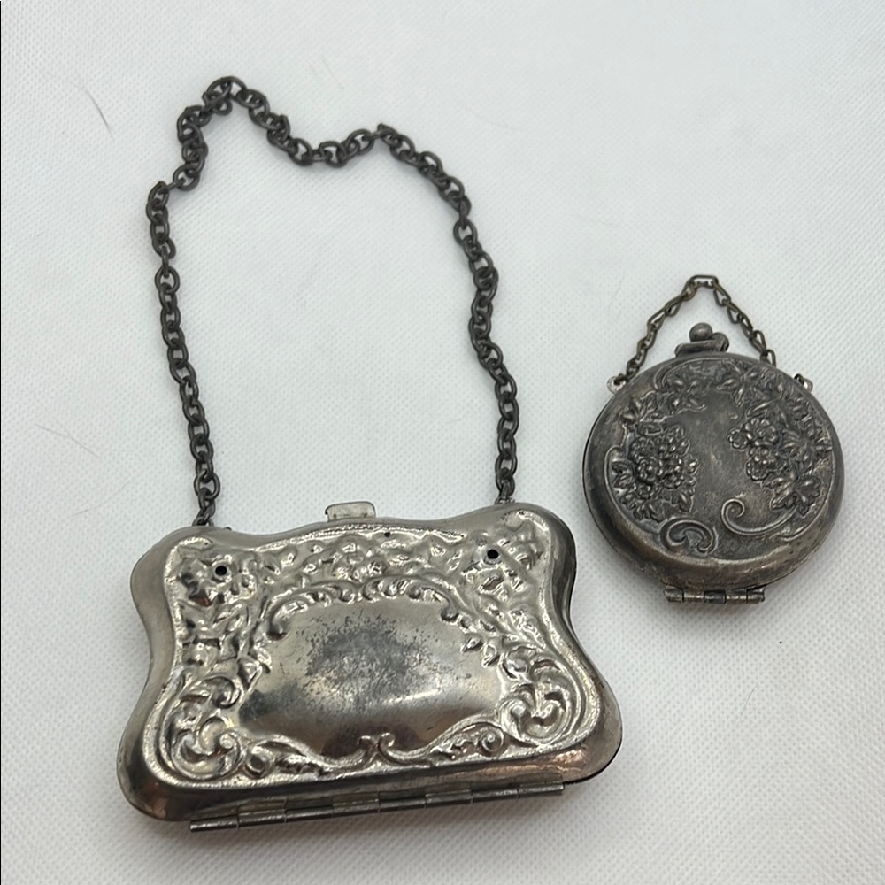 Antique  Silver Metal Purse and Compact Set
